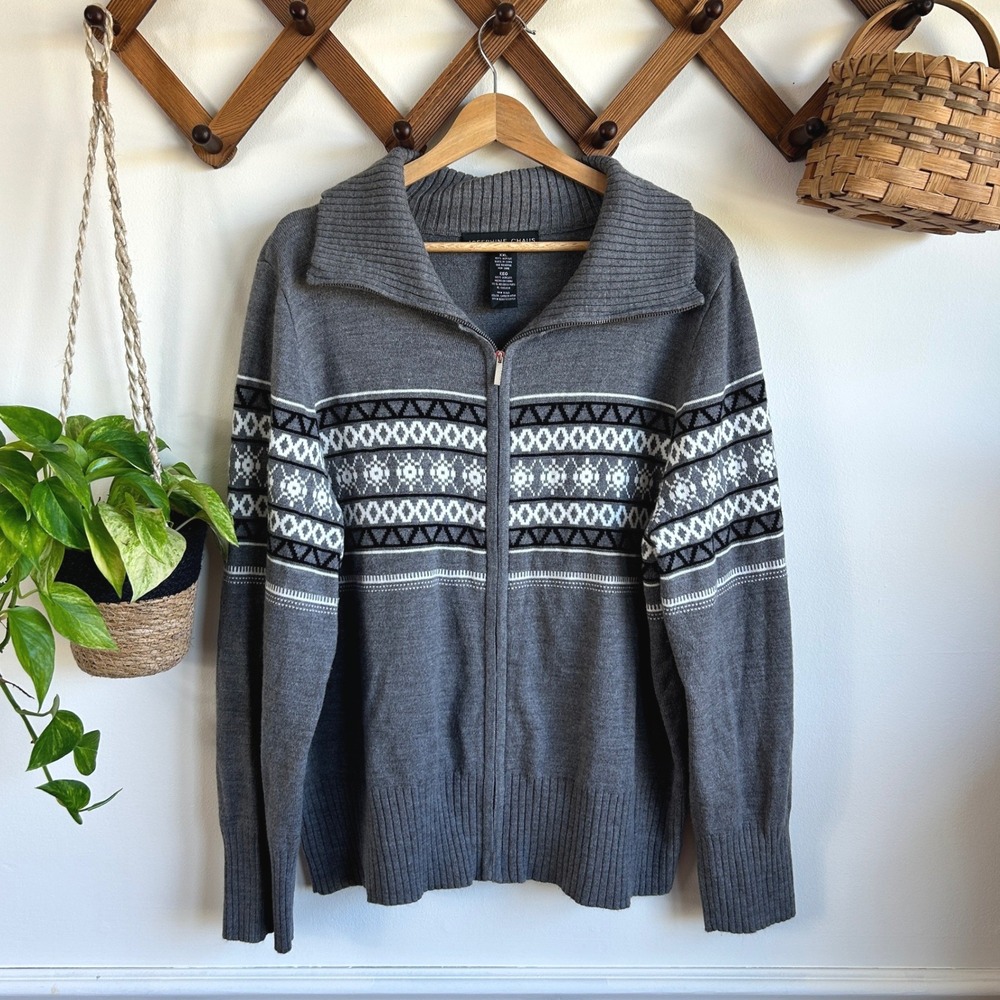 Vintage Josephine Chaus Gray Fair Isle Full Zip Cardigan Sweater Fisherman